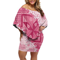 Bula Fiji Plumeria Tagimoucia Salusalu Pink Off Shoulder Short Dress Kaiviti Masi - Polynesian Pride