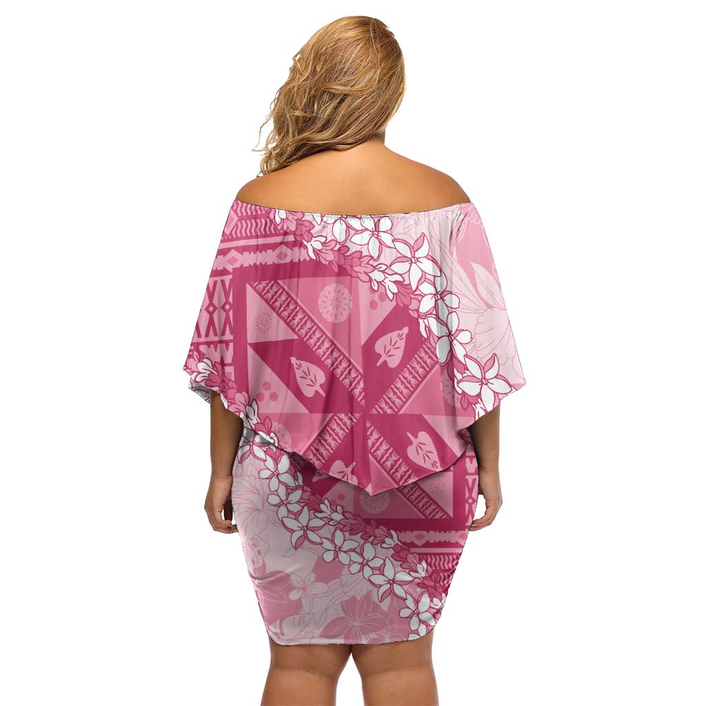 Bula Fiji Plumeria Tagimoucia Salusalu Pink Off Shoulder Short Dress Kaiviti Masi - Polynesian Pride
