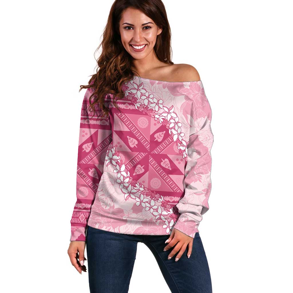 Bula Fiji Plumeria Tagimoucia Salusalu Pink Off Shoulder Sweater Kaiviti Masi - Polynesian Pride