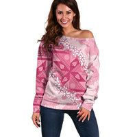 Bula Fiji Plumeria Tagimoucia Salusalu Pink Off Shoulder Sweater Kaiviti Masi - Polynesian Pride