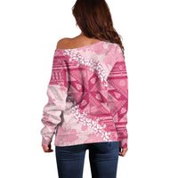 Bula Fiji Plumeria Tagimoucia Salusalu Pink Off Shoulder Sweater Kaiviti Masi - Polynesian Pride