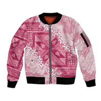 Bula Fiji Plumeria Tagimoucia Salusalu Pink Sleeve Zip Bomber Jacket Kaiviti Masi - Polynesian Pride