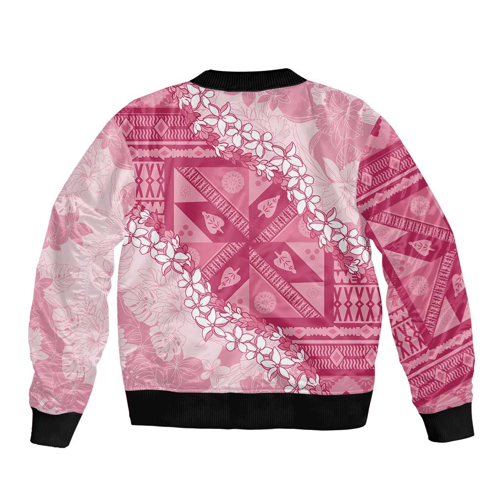 Bula Fiji Plumeria Tagimoucia Salusalu Pink Sleeve Zip Bomber Jacket Kaiviti Masi - Polynesian Pride