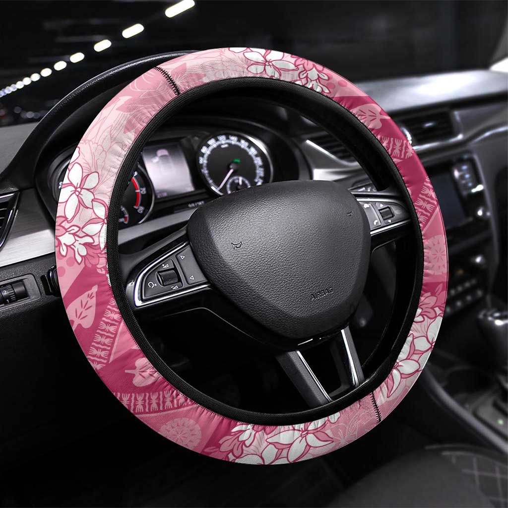Bula Fiji Plumeria Tagimoucia Salusalu Pink Steering Wheel Cover Kaiviti Masi - Polynesian Pride