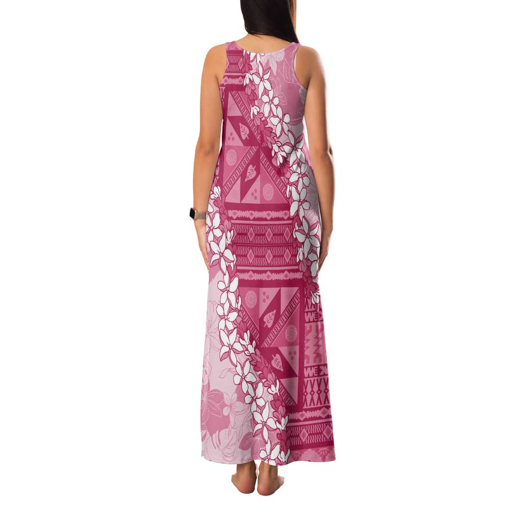 Bula Fiji Plumeria Tagimoucia Salusalu Pink Tank Maxi Dress Kaiviti Masi - Polynesian Pride