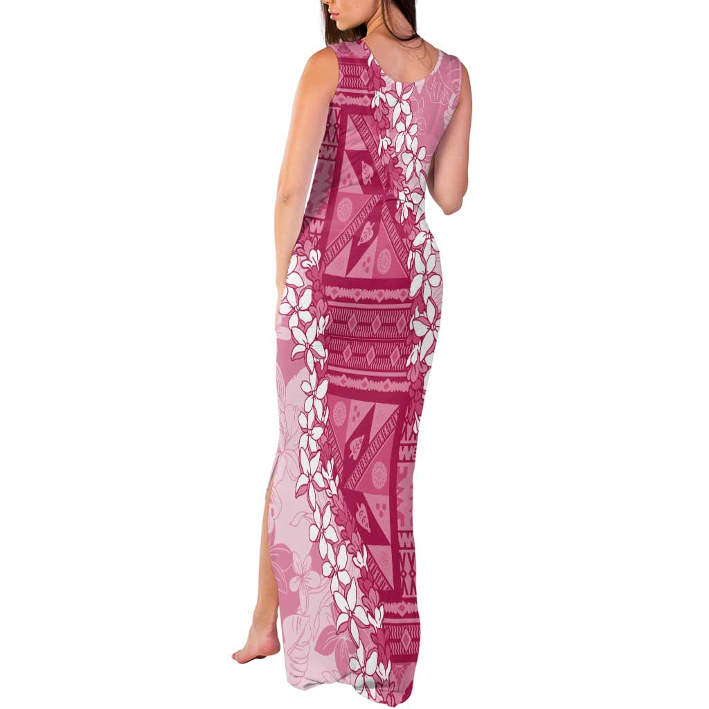 Bula Fiji Plumeria Tagimoucia Salusalu Pink Tank Maxi Dress Kaiviti Masi - Polynesian Pride