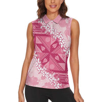 Bula Fiji Plumeria Tagimoucia Salusalu Pink Women Sleeveless Polo Shirt Kaiviti Masi - Polynesian Pride