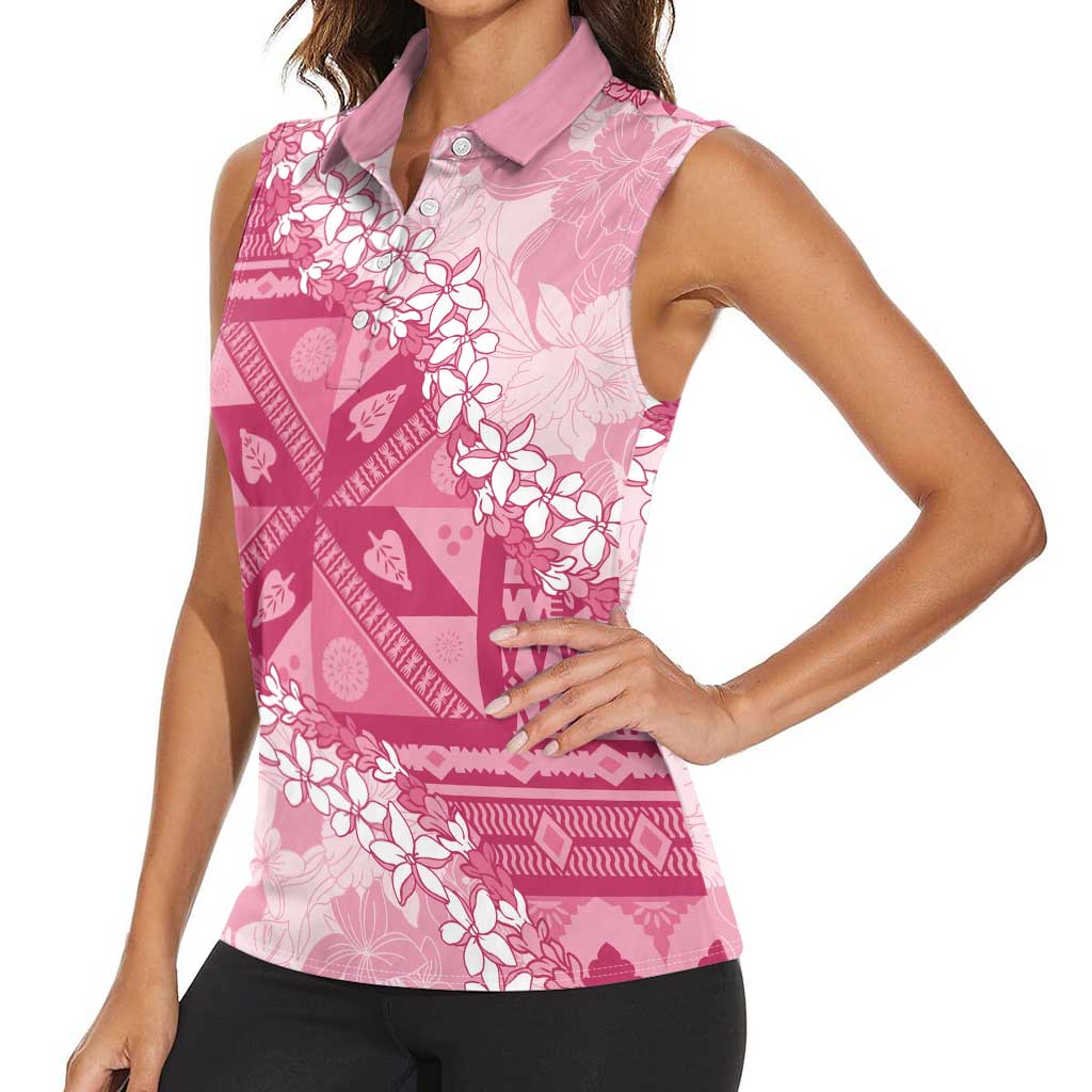 Bula Fiji Plumeria Tagimoucia Salusalu Pink Women Sleeveless Polo Shirt Kaiviti Masi - Polynesian Pride