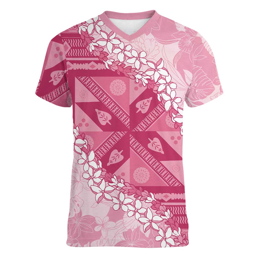 Bula Fiji Plumeria Tagimoucia Salusalu Pink Women V-Neck T-Shirt Kaiviti Masi - Polynesian Pride