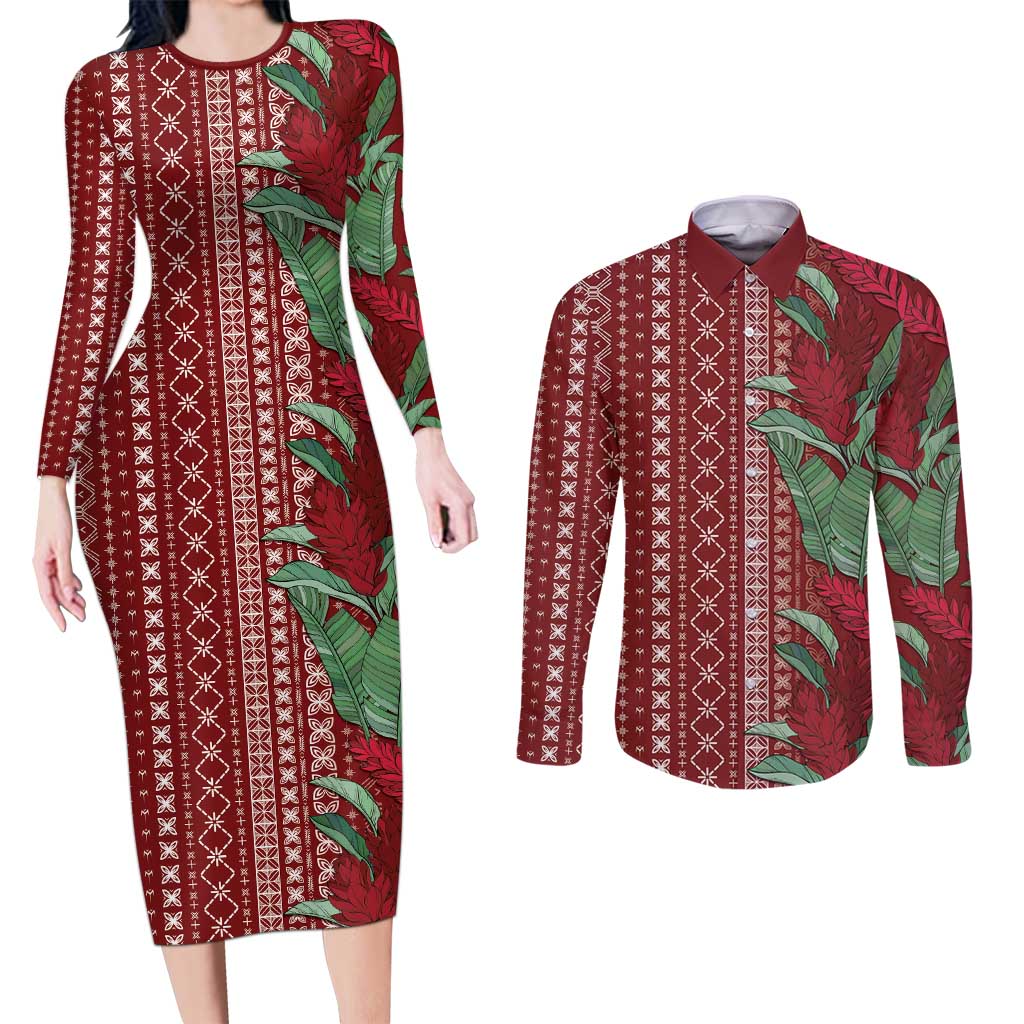 Women's Day Samoa Malu Tattoo Inspired Mix Teuila Couples Matching Long Sleeve Bodycon Dress and Long Sleeve Button Shirt Scarlet LT7 Scarlet - Polynesian Pride