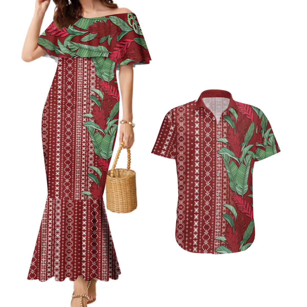Women's Day Samoa Malu Tattoo Inspired Mix Teuila Couples Matching Mermaid Dress and Hawaiian Shirt Scarlet LT7 Scarlet - Polynesian Pride