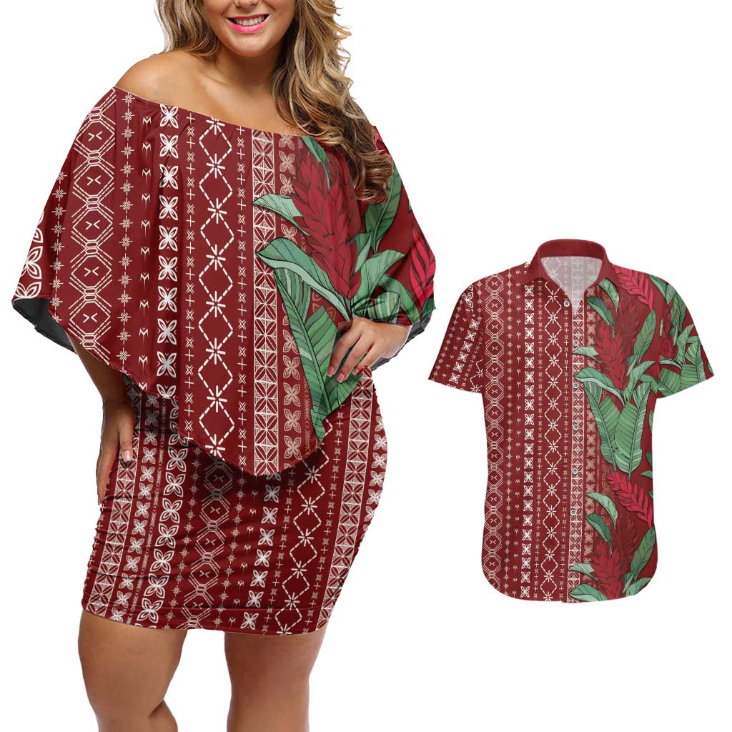 Women's Day Samoa Malu Tattoo Inspired Mix Teuila Couples Matching Off Shoulder Short Dress and Hawaiian Shirt Scarlet LT7 Scarlet - Polynesian Pride