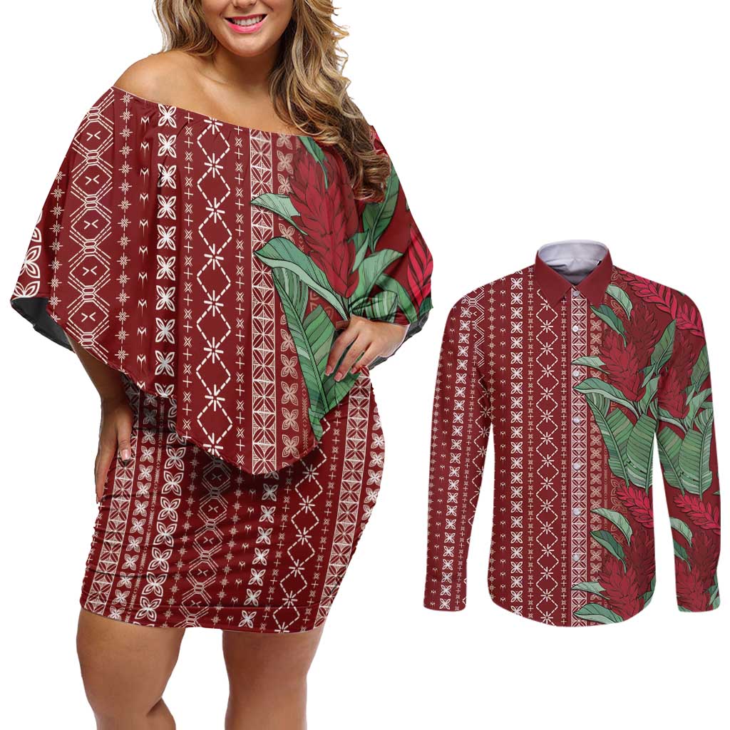Women's Day Samoa Malu Tattoo Inspired Mix Teuila Couples Matching Off Shoulder Short Dress and Long Sleeve Button Shirt Scarlet LT7 Scarlet - Polynesian Pride