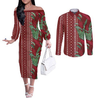 Women's Day Samoa Malu Tattoo Inspired Mix Teuila Couples Matching Off The Shoulder Long Sleeve Dress and Long Sleeve Button Shirt Scarlet
