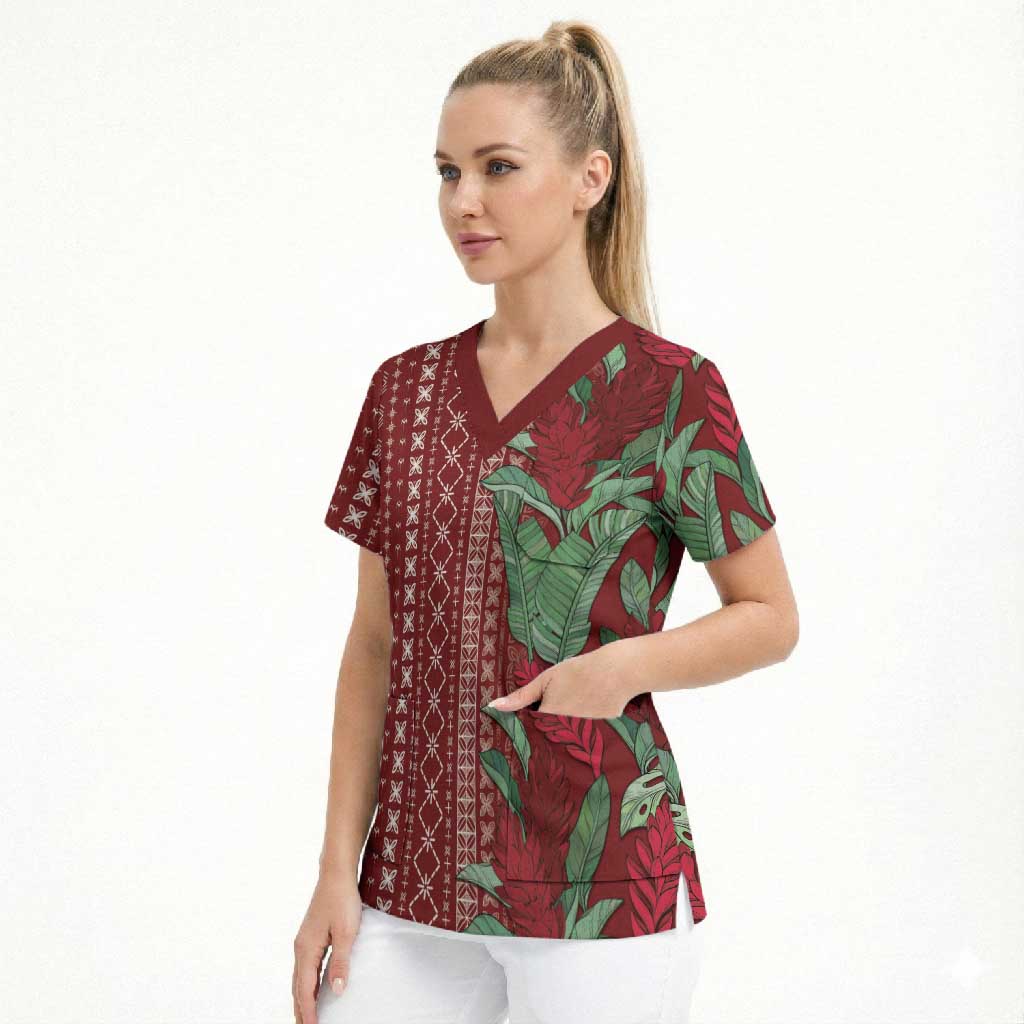 Women's Day Samoa Malu Tattoo Inspired Mix Teuila Scrub Top Scarlet