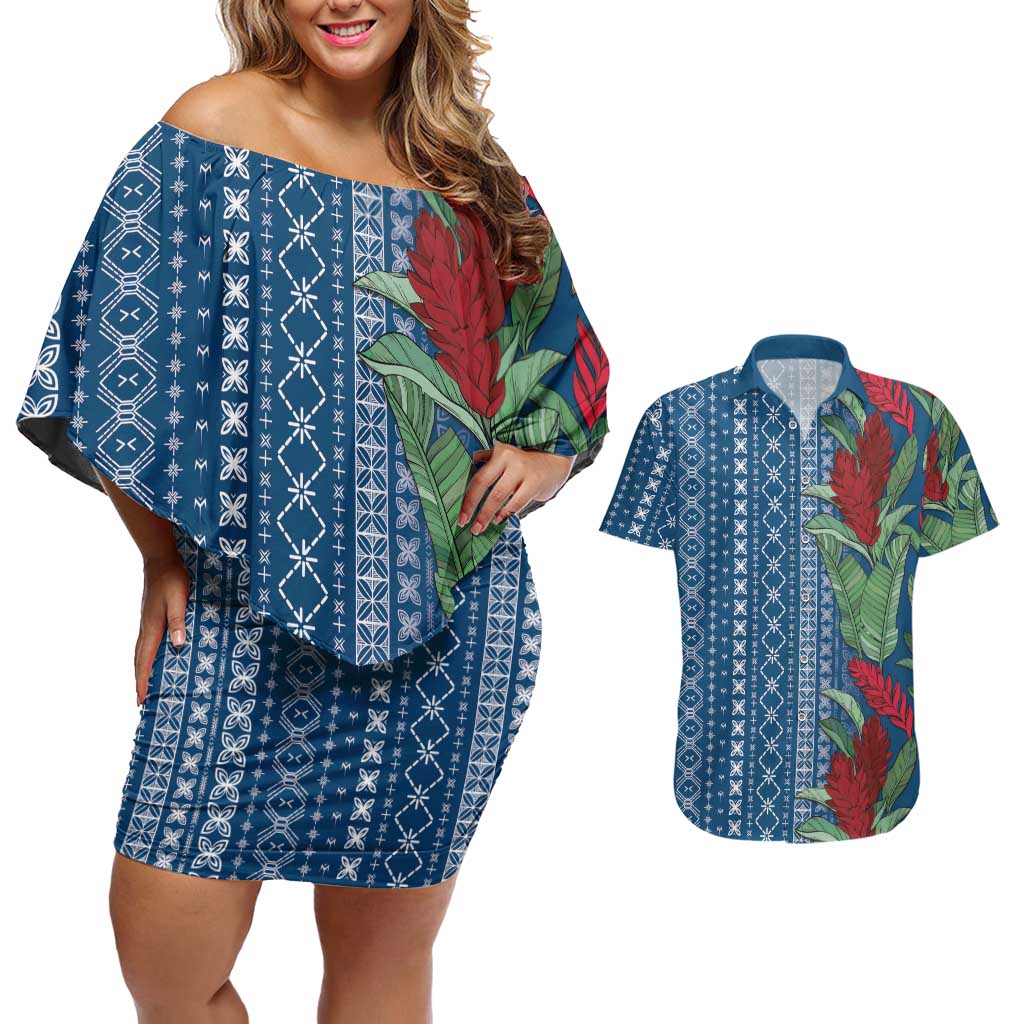 Women's Day Samoa Malu Tattoo Inspired Mix Teuila Couples Matching Off Shoulder Short Dress and Hawaiian Shirt Royal Blue LT7 Royal Blue - Polynesian Pride