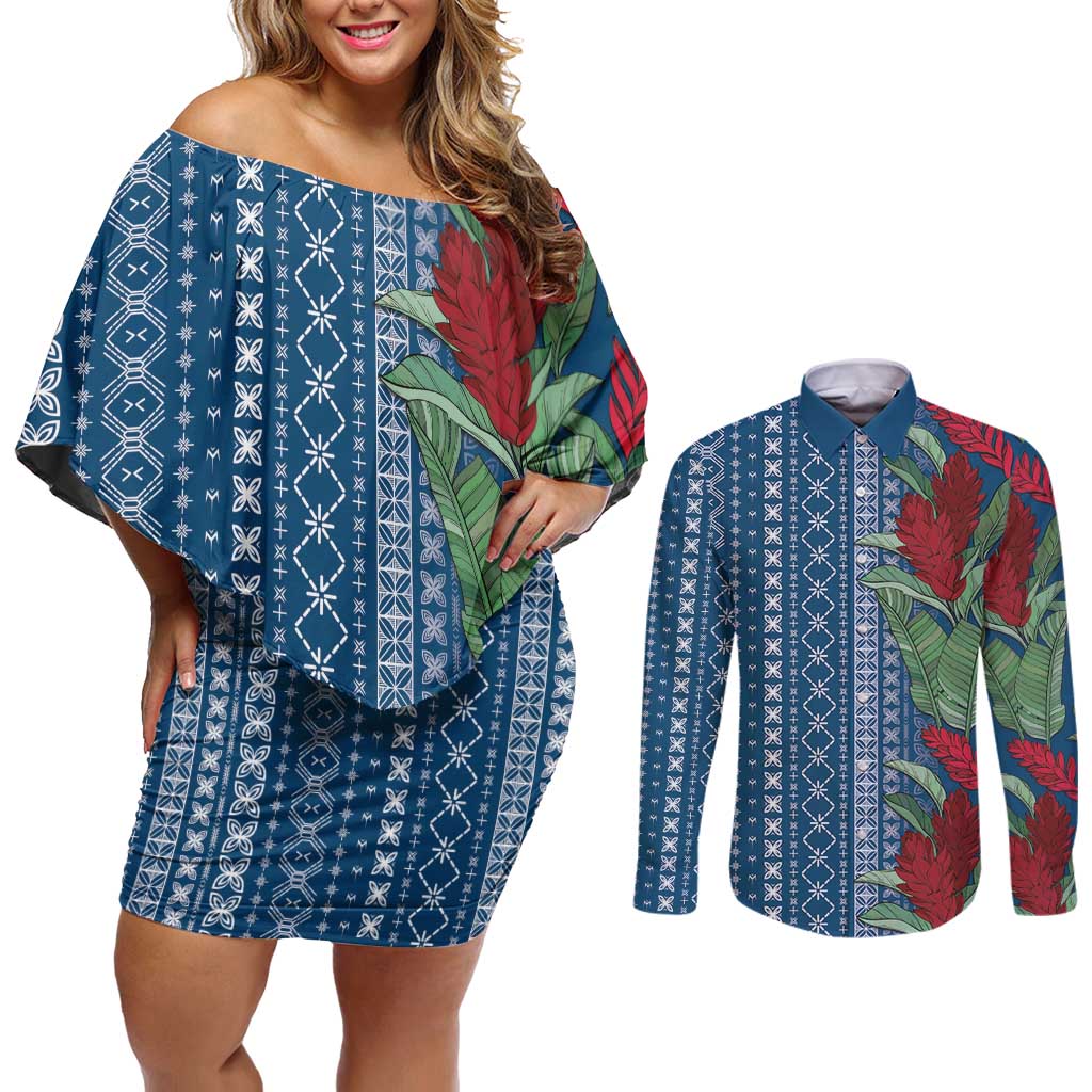 Women's Day Samoa Malu Tattoo Inspired Mix Teuila Couples Matching Off Shoulder Short Dress and Long Sleeve Button Shirt Royal Blue LT7 Royal Blue - Polynesian Pride