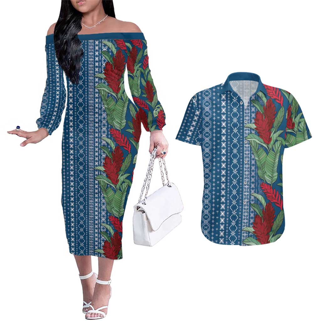 Women's Day Samoa Malu Tattoo Inspired Mix Teuila Couples Matching Off The Shoulder Long Sleeve Dress and Hawaiian Shirt Royal Blue LT7 Royal Blue - Polynesian Pride