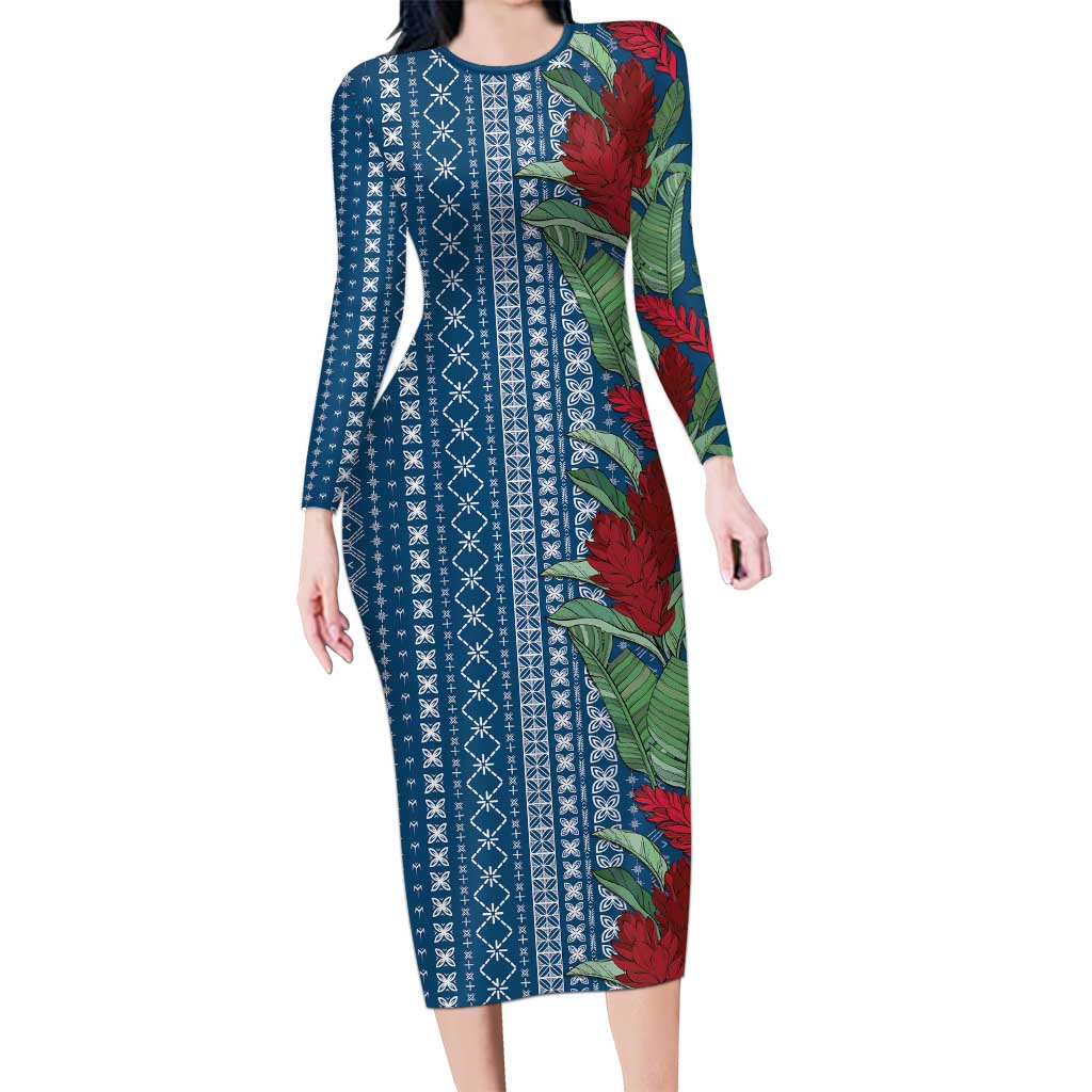 Women's Day Samoa Malu Tattoo Inspired Mix Teuila Long Sleeve Bodycon Dress Royal Blue LT7 Long Dress Royal Blue - Polynesian Pride