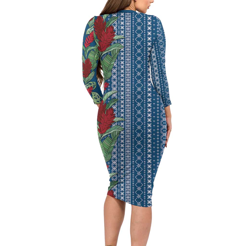Women's Day Samoa Malu Tattoo Inspired Mix Teuila Long Sleeve Bodycon Dress Royal Blue LT7 - Polynesian Pride