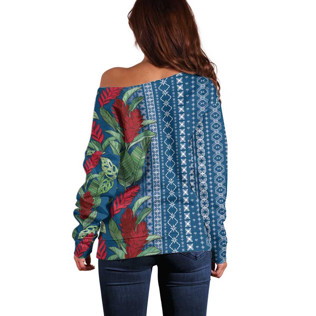 Women's Day Samoa Malu Tattoo Inspired Mix Teuila Off Shoulder Sweater Royal Blue