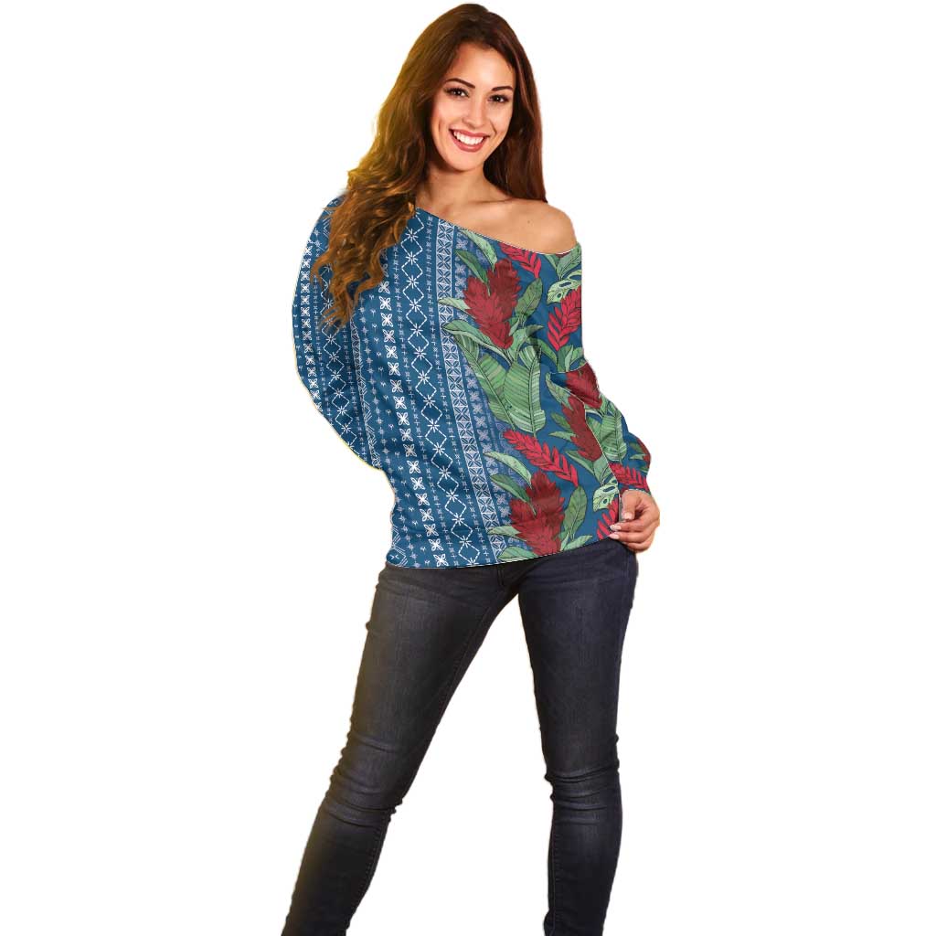 Women's Day Samoa Malu Tattoo Inspired Mix Teuila Off Shoulder Sweater Royal Blue