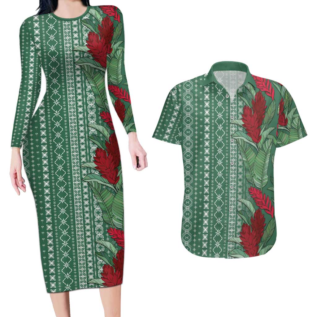 Women's Day Samoa Malu Tattoo Inspired Mix Teuila Couples Matching Long Sleeve Bodycon Dress and Hawaiian Shirt Sage Green LT7 Sage Green - Polynesian Pride
