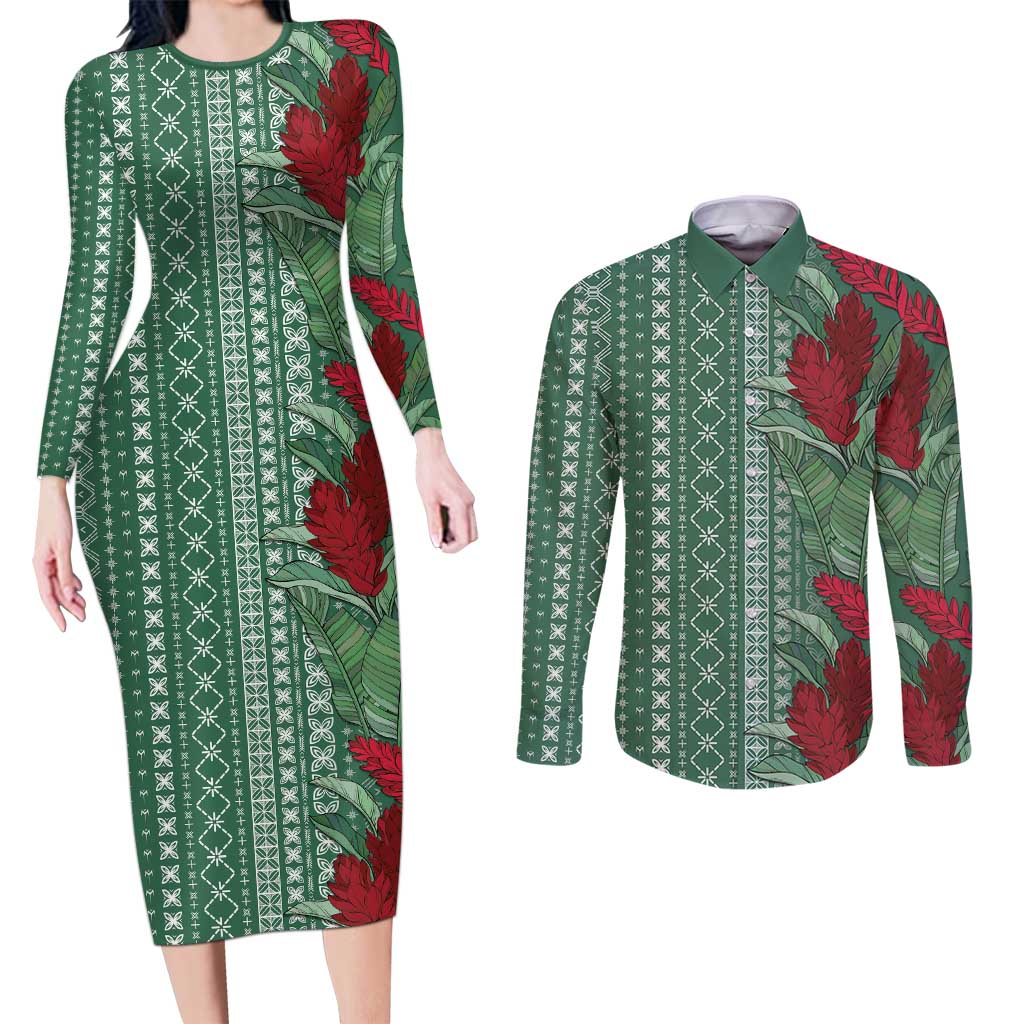 Women's Day Samoa Malu Tattoo Inspired Mix Teuila Couples Matching Long Sleeve Bodycon Dress and Long Sleeve Button Shirt Sage Green LT7 Sage Green - Polynesian Pride