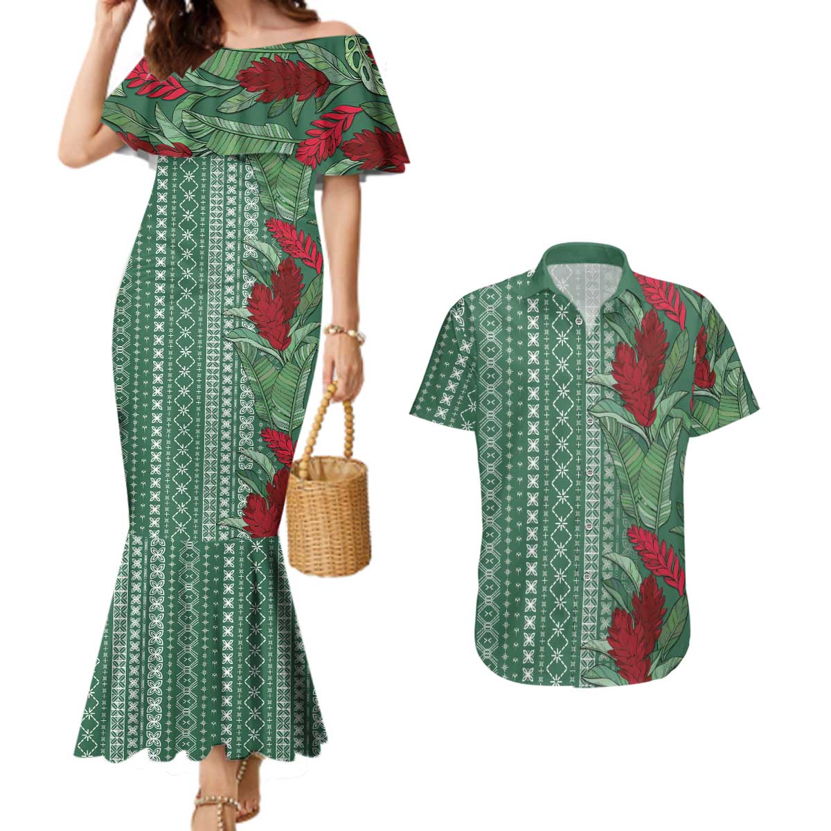 Women's Day Samoa Malu Tattoo Inspired Mix Teuila Couples Matching Mermaid Dress and Hawaiian Shirt Sage Green LT7 Sage Green - Polynesian Pride