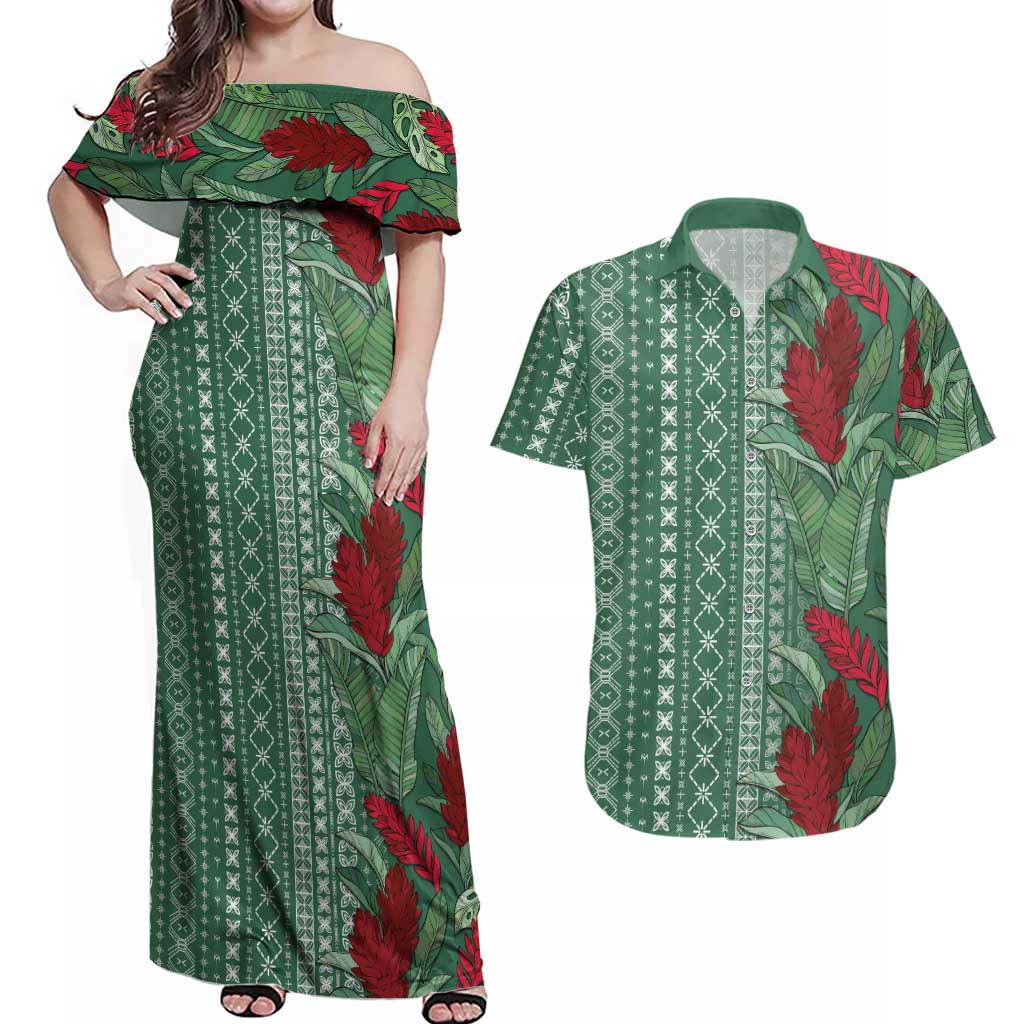 Women's Day Samoa Malu Tattoo Inspired Mix Teuila Couples Matching Off Shoulder Maxi Dress and Hawaiian Shirt Sage Green LT7 Sage Green - Polynesian Pride