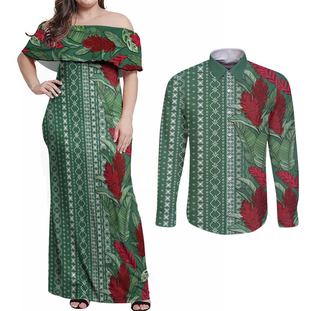 Women's Day Samoa Malu Tattoo Inspired Mix Teuila Couples Matching Off Shoulder Maxi Dress and Long Sleeve Button Shirt Sage Green LT7 Sage Green - Polynesian Pride
