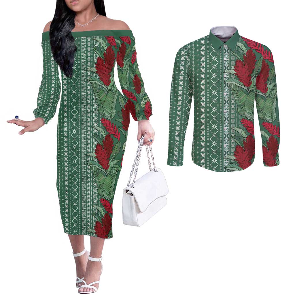 Women's Day Samoa Malu Tattoo Inspired Mix Teuila Couples Matching Off The Shoulder Long Sleeve Dress and Long Sleeve Button Shirt Sage Green LT7 Sage Green - Polynesian Pride