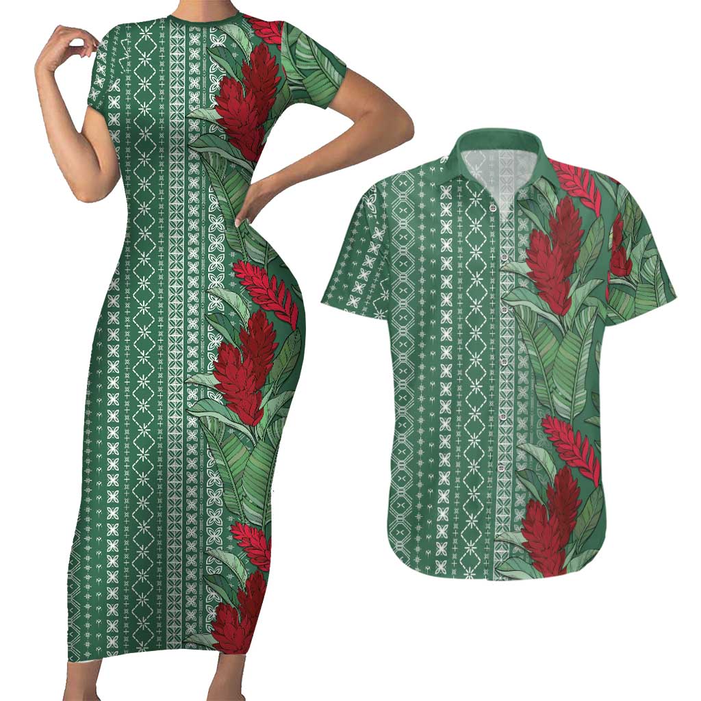 Women's Day Samoa Malu Tattoo Inspired Mix Teuila Couples Matching Short Sleeve Bodycon Dress and Hawaiian Shirt Sage Green LT7 Sage Green - Polynesian Pride