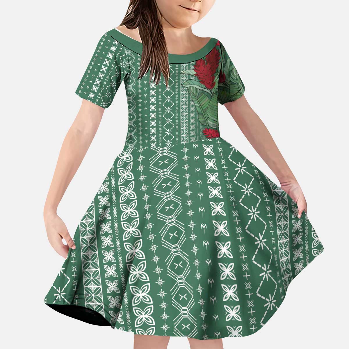 Women's Day Samoa Malu Tattoo Inspired Mix Teuila Kid Short Sleeve Dress Sage Green