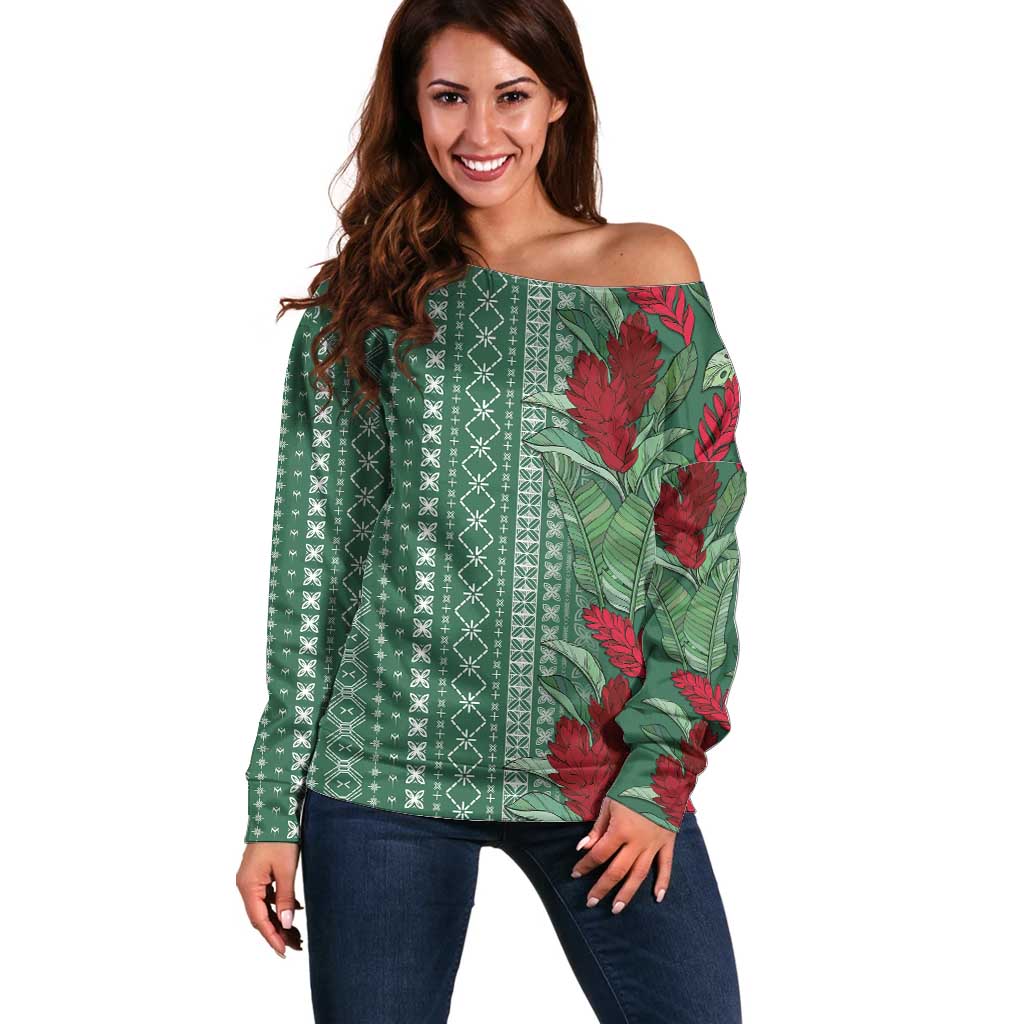 Women's Day Samoa Malu Tattoo Inspired Mix Teuila Off Shoulder Sweater Sage Green