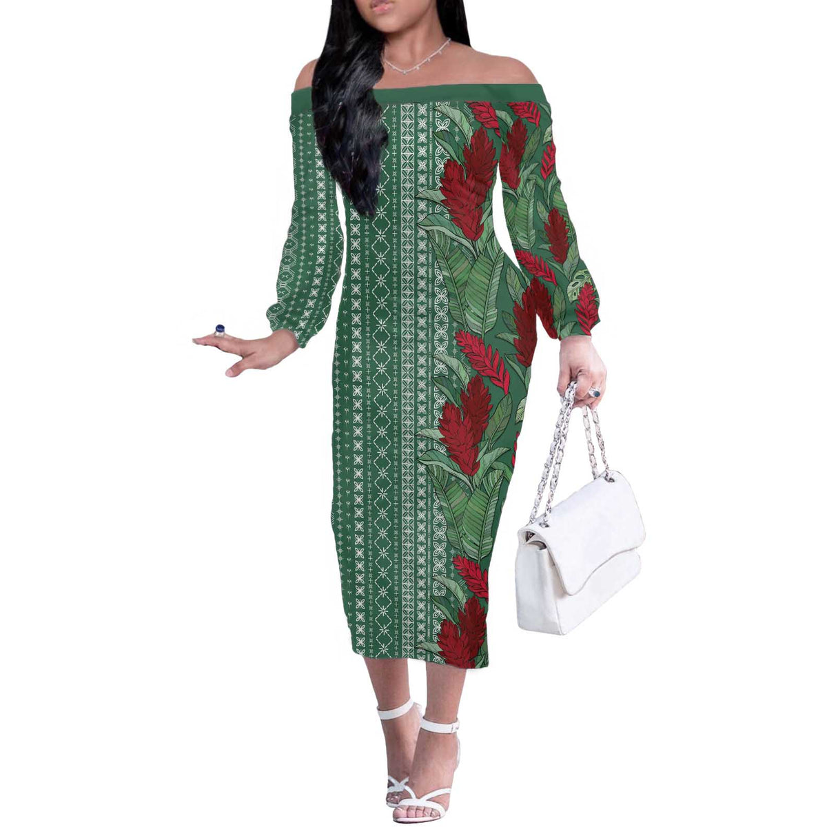 Women's Day Samoa Malu Tattoo Inspired Mix Teuila Off The Shoulder Long Sleeve Dress Sage Green