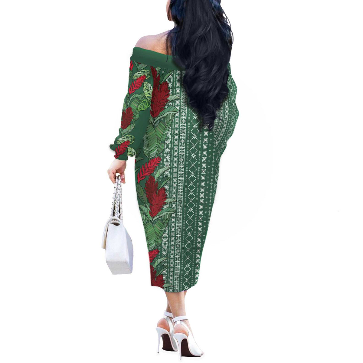 Women's Day Samoa Malu Tattoo Inspired Mix Teuila Off The Shoulder Long Sleeve Dress Sage Green