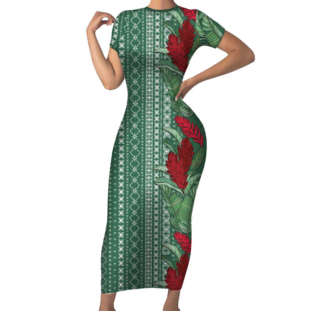 Women's Day Samoa Malu Tattoo Inspired Mix Teuila Short Sleeve Bodycon Dress Sage Green