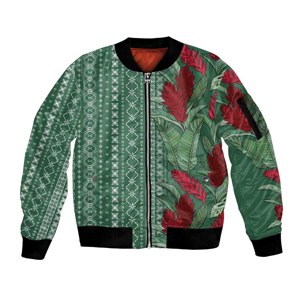 Women's Day Samoa Malu Tattoo Inspired Mix Teuila Sleeve Zip Bomber Jacket Sage Green