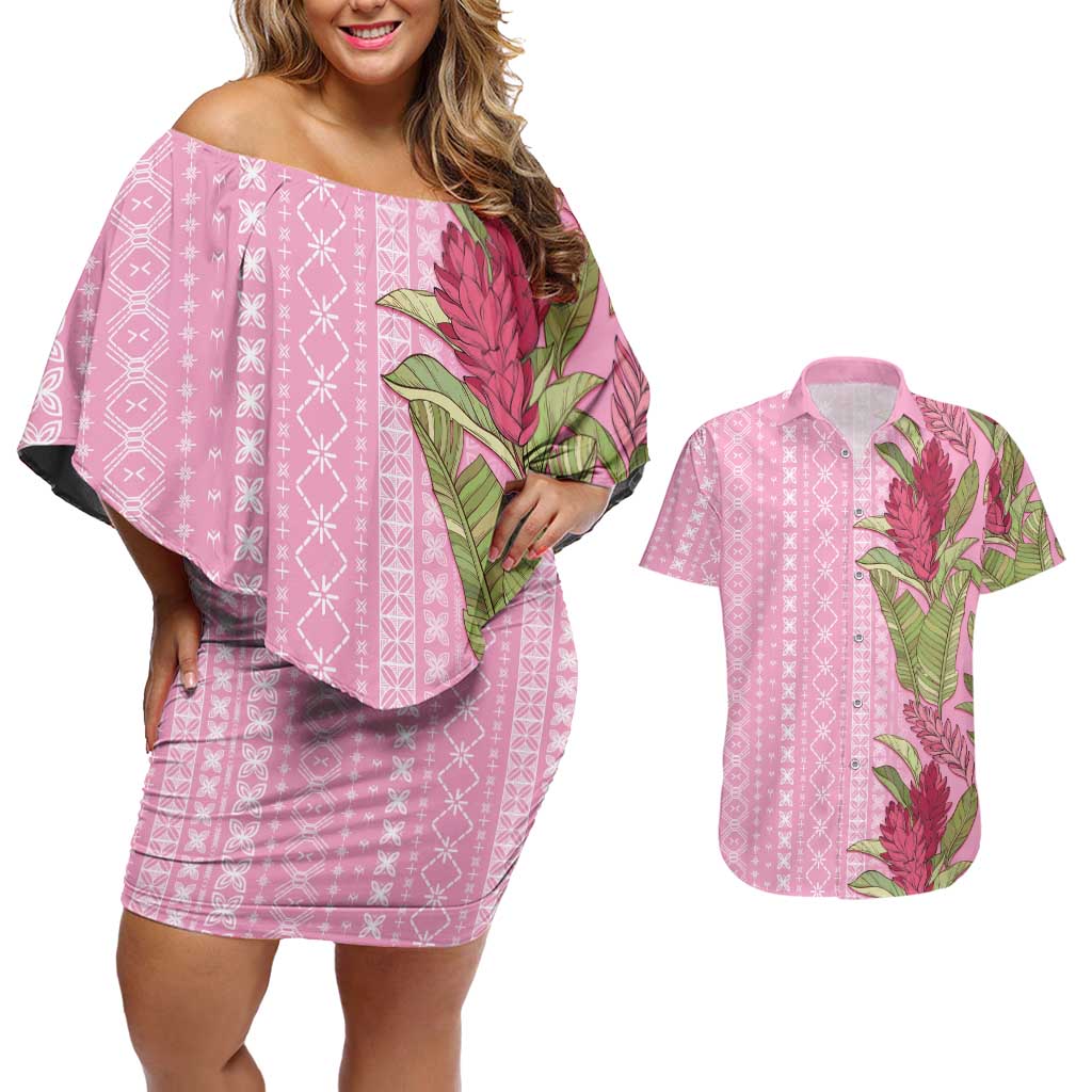 Women's Day Samoa Malu Tattoo Inspired Mix Teuila Couples Matching Off Shoulder Short Dress and Hawaiian Shirt Rose Pink LT7 Rose Pink - Polynesian Pride
