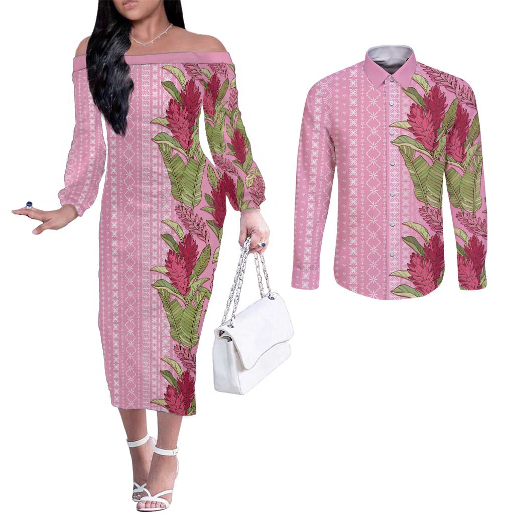 Women's Day Samoa Malu Tattoo Inspired Mix Teuila Couples Matching Off The Shoulder Long Sleeve Dress and Long Sleeve Button Shirt Rose Pink