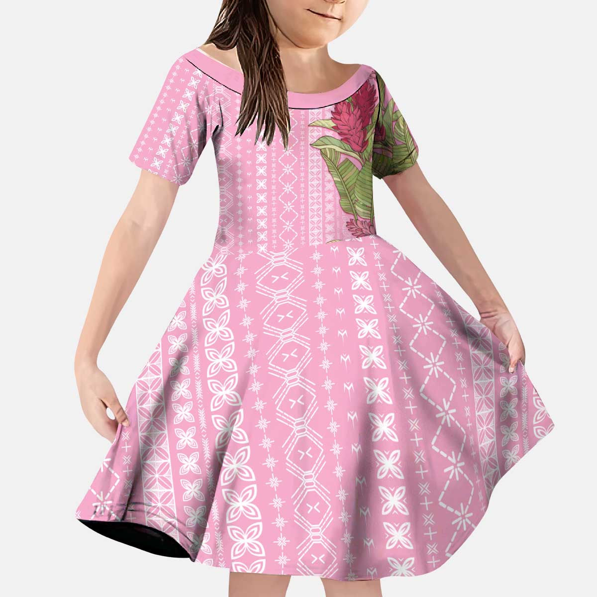 Women's Day Samoa Malu Tattoo Inspired Mix Teuila Kid Short Sleeve Dress Rose Pink