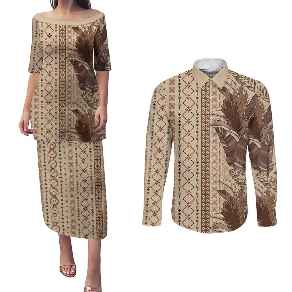 Women's Day Samoa Malu Tattoo Inspired Mix Teuila Couples Matching Puletasi and Long Sleeve Button Shirt Vintage Tapa LT7 Beige - Polynesian Pride