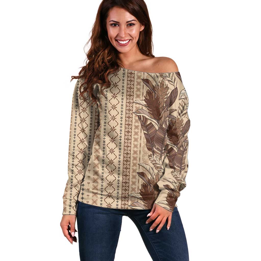 Women's Day Samoa Malu Tattoo Inspired Mix Teuila Off Shoulder Sweater Vintage Tapa LT7 Women Beige - Polynesian Pride