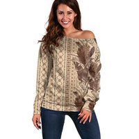 Women's Day Samoa Malu Tattoo Inspired Mix Teuila Off Shoulder Sweater Vintage Tapa LT7 Women Beige - Polynesian Pride
