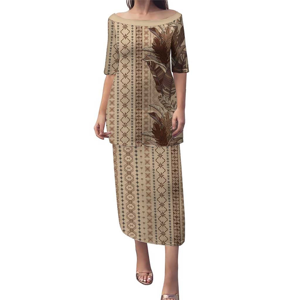 Women's Day Samoa Malu Tattoo Inspired Mix Teuila Puletasi Vintage Tapa LT7 Long Dress Beige - Polynesian Pride