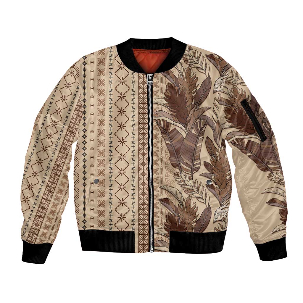 Women's Day Samoa Malu Tattoo Inspired Mix Teuila Sleeve Zip Bomber Jacket Vintage Tapa LT7 Unisex Beige - Polynesian Pride