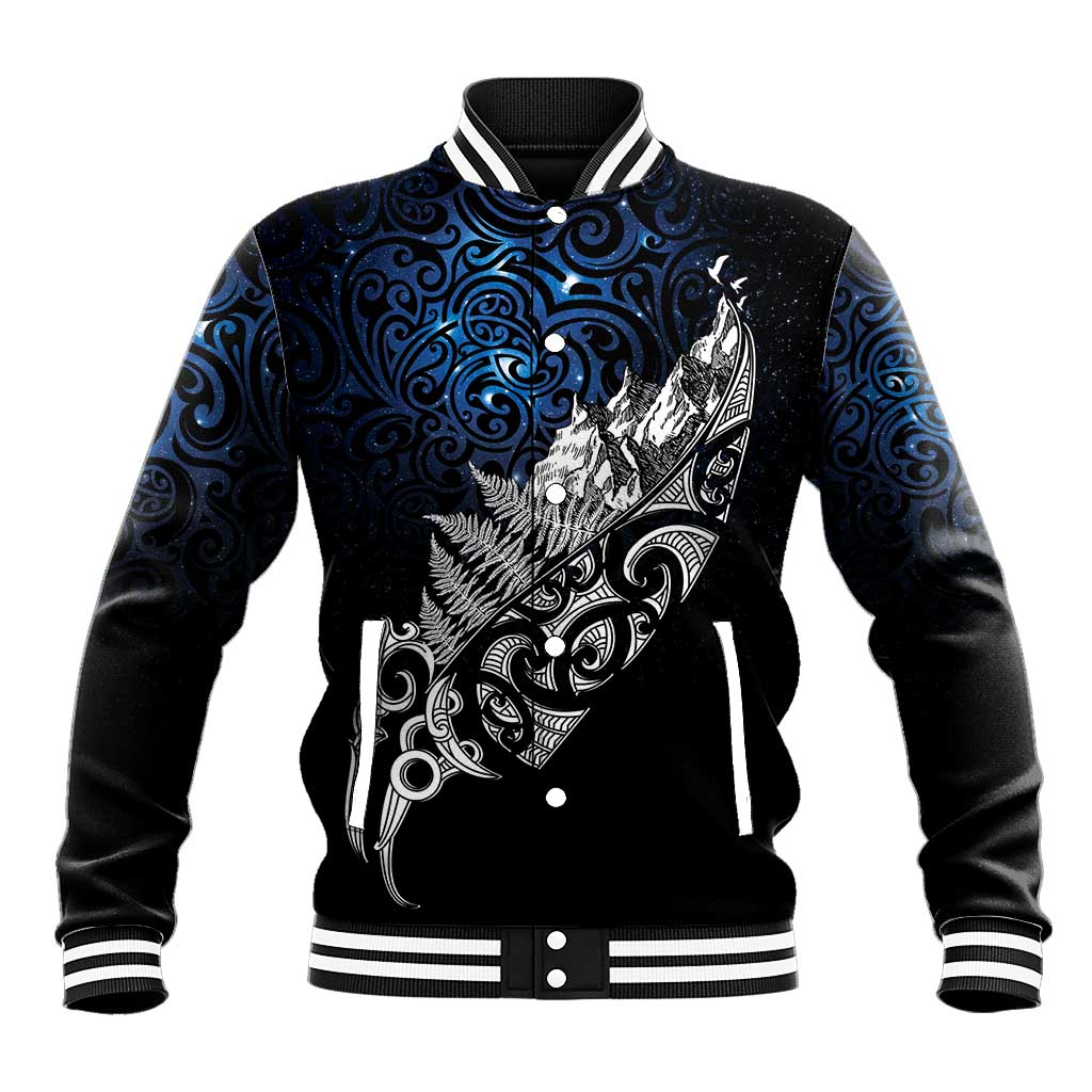 Maori Matariki Baseball Jacket Landscape Styled Fern - Galaxy LT7 Unisex Black - Polynesian Pride