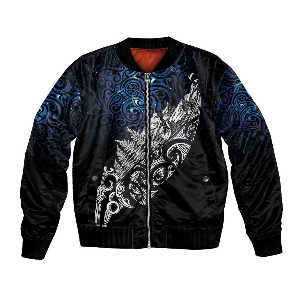 Maori Matariki Bomber Jacket Landscape Styled Fern - Galaxy LT7 Unisex Black - Polynesian Pride