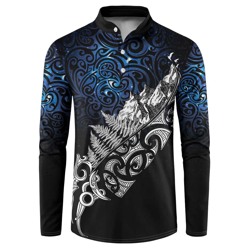 Maori Matariki Button Sweatshirt Landscape Styled Fern - Galaxy LT7 Black - Polynesian Pride